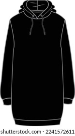 Women's Hooded Sweatshirt Mini Dress. Dress technical fashion illustration. Flat apparel dress template front, black color. Women's CAD mock-up.