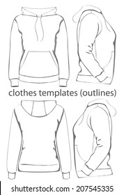 Women's hooded sweatshirt with pocket (back, front and side view). Outlines. Vector. 