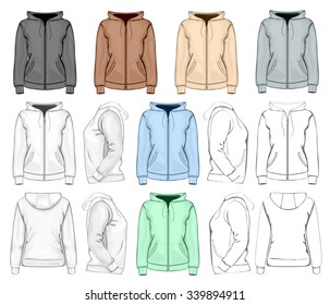 Women's hooded sweatshirt with zipper (back, front and side view). No mesh. Different variants: outlines, detailed and color. Vector illustration.