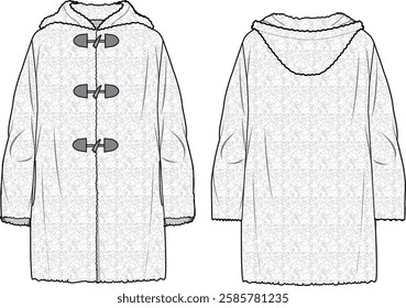 Women's Hooded Teddy Coat. Technical fashion illustration. Front and back, white colour. Women's CAD mock-