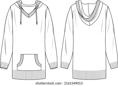 Women's Hooded Tunic. Tunic technical fashion illustration. Flat apparel tunic template front and back, white colour. Women's CAD mock-up.