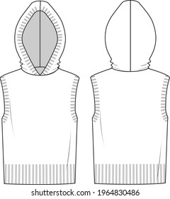 Women's Hooded Vest- Vest technical fashion illustration. Flat apparel vest template front and back, white colour. Women's CAD mock-up.