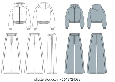 Women's Hoodie and Sweatpants – Technical CAD Flat Sketch with Front Pockets, Full Front and Back Views