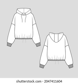 Womens Hoodie Sweatshirt Drop Shoulder Elastic Tunnel Draw String Hem Flat Sketch Technical Drawing Vector Design