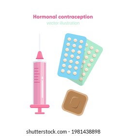 Women's Hormonal Contraception Different Methods. Oral Contraceptives, The Pills, The Patch And Injection With Progestin. Vector Illustration 