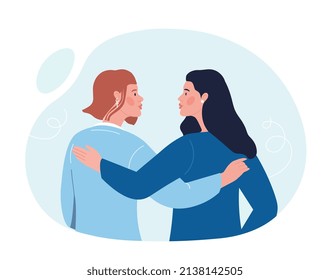 Womens hug each other. Back view of girlfriends, care, support and unity. Good relationship and respect. Equality, tolerance and female solidarity, feminism. Cartoon flat vector illustration