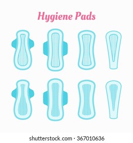 Women's hygiene pads set of vector icons in flat style, hygiene pads types, feminine hygiene products illustration, means personal hygiene design elements