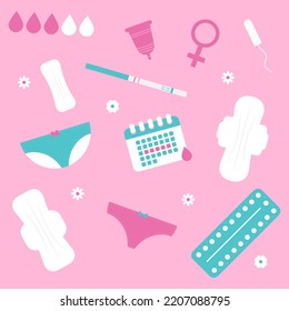 Conjunto vectorial de productos de higiene para mujeres. Ciclo menstrual. Días críticos para la mujer