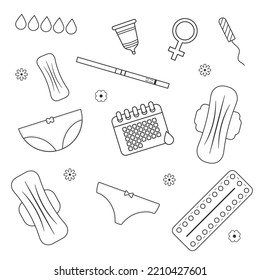 Women's hygiene products vector set of linear icons. Menstrual cycle. Women's critical days.