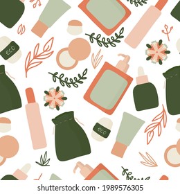 Women's Hygiene Seamless Pattern, Eco-friendly Reusable Menstrual Cup, Zero Waste periods, Menstruation hygiene, Menstrual cup, Women's products, hand-drawn flat Style, Vector, green, pink