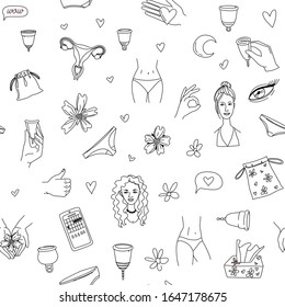 Women's hygiene supplies for menstruation: menstrual cup. An image of the uterus. Vector illustration seamless pattern background doodle icons in thin line art sketch style