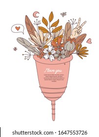 Women's hygiene supplies for menstruation: menstrual cup with floral flowers pattern background. Vector illustration pattern background doodle icons in thin line art sketch style