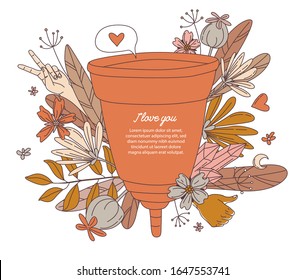 Women's hygiene supplies for menstruation: menstrual cup with floral flowers pattern background. Vector illustration pattern background doodle icons in thin line art sketch style