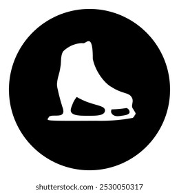 A womens ice skate in the center. Isolated white symbol in black circle. Vector illustration on white background