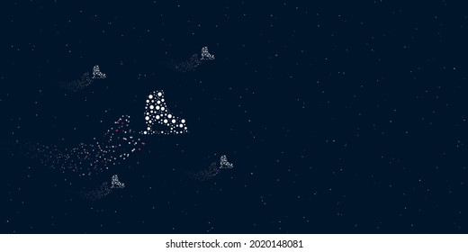 A womens ice skate filled with dots flies through the stars leaving a trail behind. Four small symbols around. Empty space for text on the right. Vector illustration on dark blue background with stars
