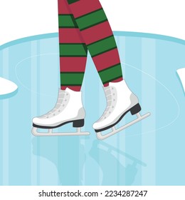  Women's ice skating on rink. Legs in red and green tights. Winter sport