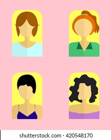 Women`s Icon  Vector Illustration. Flat Style Elements.  Girl  portrait Isolated On Pink Background. Vector object for Labels and Badges, Logos Design. Person Symbol