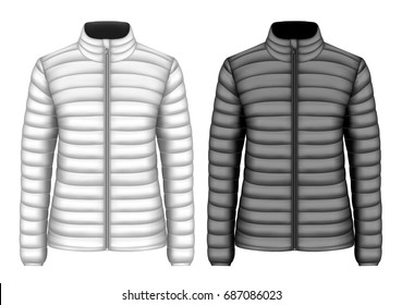 Women's  insulated down jackets, black and white variants. Vector illustration.