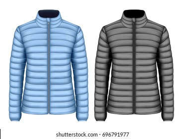 Women's insulated down jackets, black and white variants. Vector illustration.