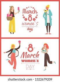 Womens international day, 8 March, spring holiday greeting card decorated by ladies holding lilac, violets and roses, happy girls with flowers vector