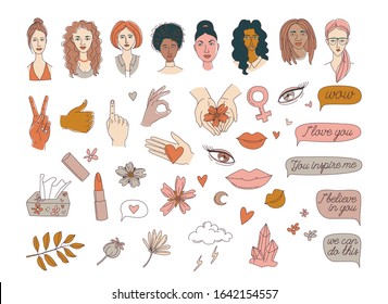 Women's International Day Girl power and support seamless pattern. Set of stickers sticker pack. Vector illustration seamless pattern doodle icons in thin line art sketch style