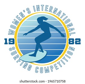 Women's International Surfing Competition Illustration | Surfer Girl Vintage T-Shirt Design | Vector Graphic Tee Layout | Retro Logo for Beachwear Companies and Surf Outfitters