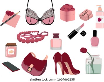 Women's items and accessories, fashionable pink items. Set of vector illustrations of a phone, shoes, bag, perfume, bra, lipstick, beads isolated on a white background.