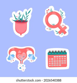 Womens items for menstruation, menstruation cup, uterus, calendar, female symbol in flat trend style. Vector stock illustration