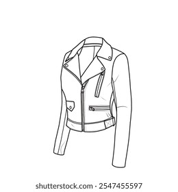 Damenjacke für Biker vielseitiger Stil mit Reißverschlusstaschen vorne, seitliche Schnalle Detail und seitliche Reißverschlussbündchen, Line Art, flache Skizze. Geeignet für Ihre Bikerjacke, bearbeitbare Farbe und Schlaganfall.