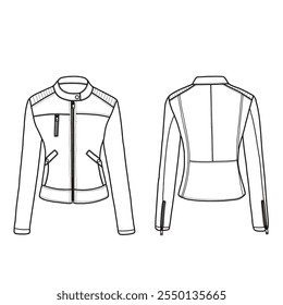 Damen Jacke Motorrad Motorrad Motorrad Biker kurzen Mantel mit zwei Seitentaschen mit Reißverschlüssen Linie Kunst flache Skizze Illustration. Vorder- und Rückseite, Mustervorlage für Zeichnungen. Einzeln auf weißem Hintergrund.