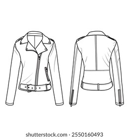 Damen Jacke Motorrad Motorrad Motorrad Biker kurzen Mantel großen Lapel Kragen mit vier Nieten Linie Kunst flache Skizze Illustration. Vorder- und Rückseite, Mustervorlage für Zeichnungen. Einzeln auf weißem Hintergrund.