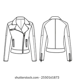 Damenjacke Motorrad Motorrad Motorrad Biker Kurzmantel mit zwei Seitentaschen mit Reißverschlüssen Line Art. Vorder- und Rückansicht.