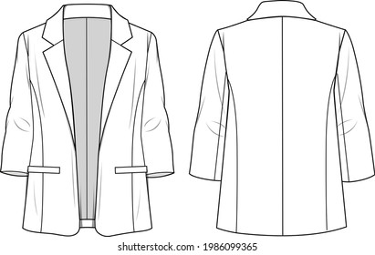 Juego de Chaquetas para Mujeres. Ilustración técnica de la chaqueta. Plantilla de la chaqueta de ropa plana en la parte delantera y trasera, color blanco. Burla de CAD de mujeres.