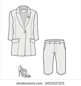 Chaqueta de mujer, conjunto de pantalones cortos. ilustración de moda y más