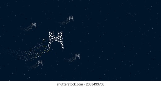 A women's jacket symbol filled with dots flies through the stars leaving a trail behind. There are four small symbols around. Vector illustration on dark blue background with stars