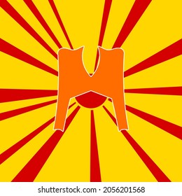 Women's jacket symbol on a background of red flash explosion radial lines. A large orange symbol is located in the center of the sunrise. Vector illustration on yellow background