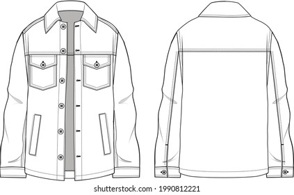 Women's Jacket- Jacket technical fashion illustration. Flat apparel jacket template front and back, white colour. Unisex CAD mock-up.