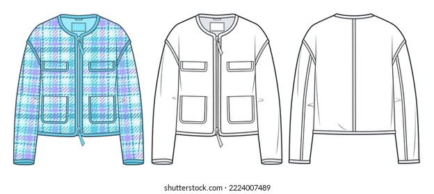 Women's  Jacket technical fashion Illustration, plaid design.  Jacket fashion flat technical drawing template, long sleeve, pockets, zip-up, front and back view, white, CAD mockup set.