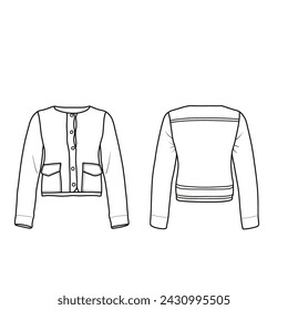 Women's jacket technical fashion illustration drawing template with pocket. Front and back view.