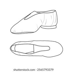 Women's jazz dance shoes slip on. Technical sketch hand drawing outline vector doodle illustration, front, side, and top view isolated on white background 