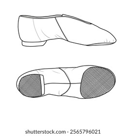 Women's jazz dance shoes slip on. Technical sketch hand drawing outline vector doodle illustration, side and bottom view isolated on white background 