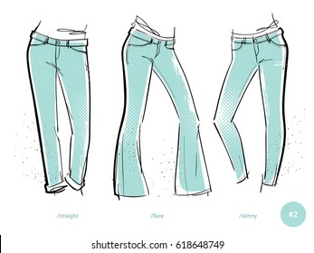 Women's jeans fits. Denim wear. Sketch style vector illustration