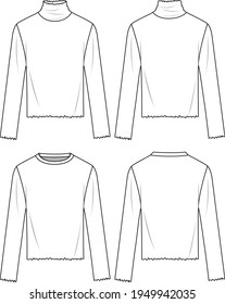 Women's Jersey Turtleneck and Round Neck Top Set. Technical fashion tops illustration. Flat apparel tops template front and back, white colour. Women's CAD mock-up.