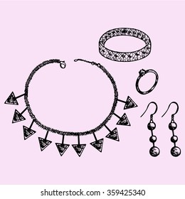 Women's jewelry accessories, bijouterie, necklace, bracelet, earrings, ring, set, doodle style, sketch illustration, hand drawn, vector