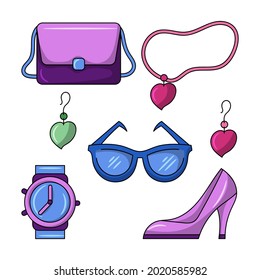 Accesorios de joyería para mujeres Ilustración de vectores de color con un estilo de dibujo manual sencillo 