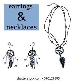 Women's jewelry accessories set in scetch boho style isolated on white background. Hand made craft.