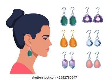 Women's jewelry earrings collection. Beautiful woman elegant lady side view portrait with Jewelry earring.