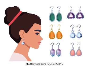 Women's jewelry earrings collection. Beautiful woman elegant lady side view portrait with Jewelry earring.