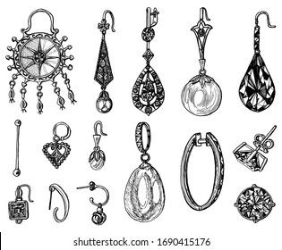 Women's jewelry earrings. Vintage handmade decorations. Retro products set. Antique Vintage gold fancy articles or bijouterie. Engraved monochrome elements. Hand drawn sketch. Vector illustration.