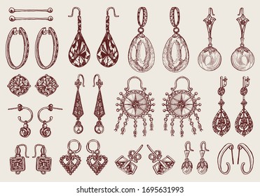 Women's jewelry earrings. Vintage handmade decorations. Retro products set. Antique Vintage gold fancy articles or bijouterie. Engraved monochrome elements. Hand drawn sketch. Vector illustration.